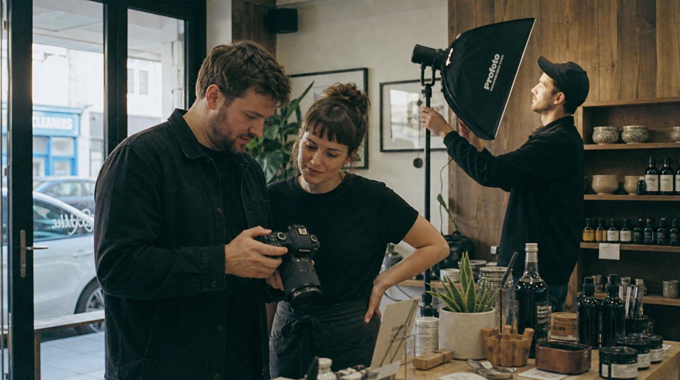 Two people reviewing work together in an independent shop