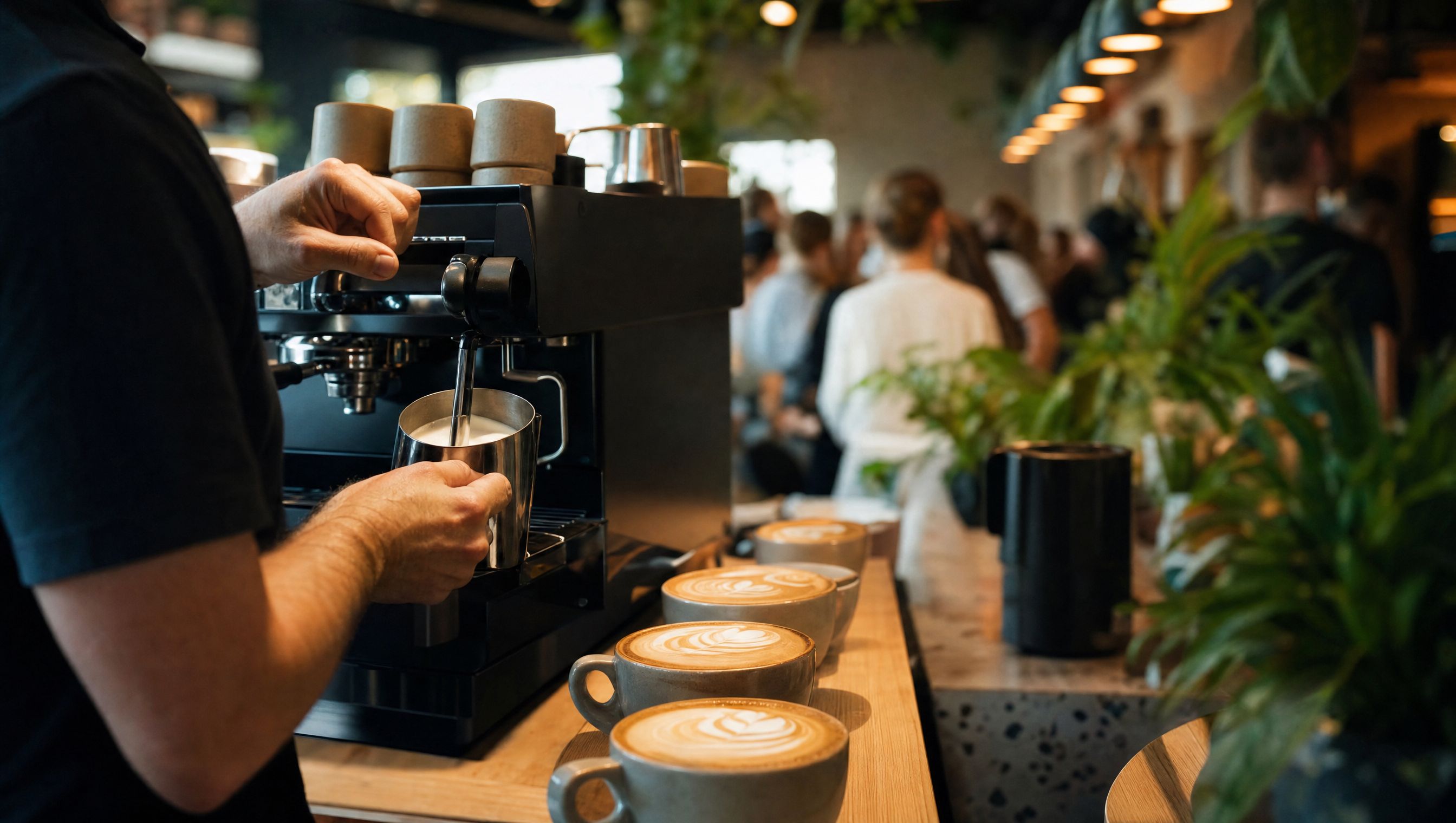 Barista steaming milk at the espresso machine mid-morning rush