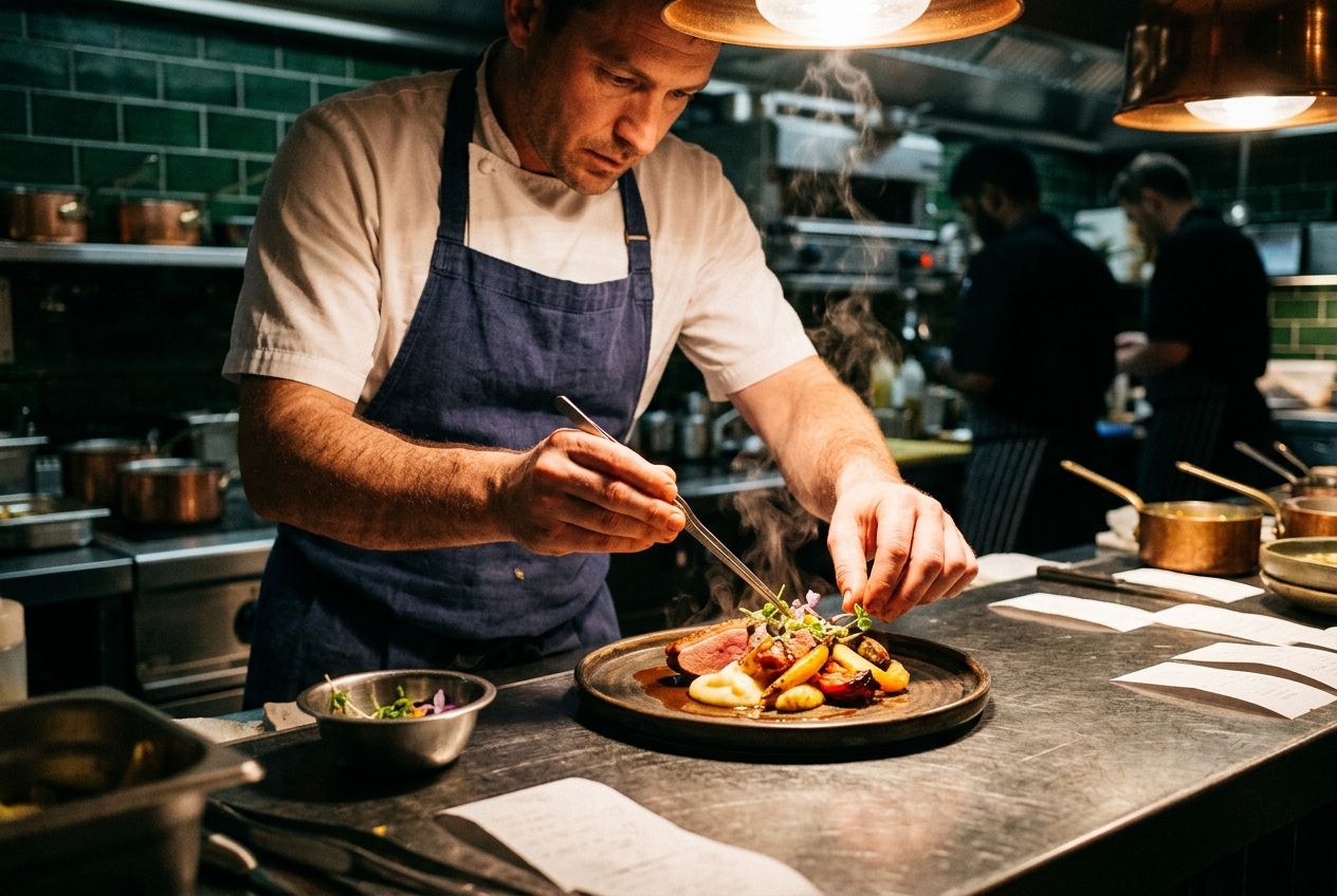 Chef plating at the pass during evening service