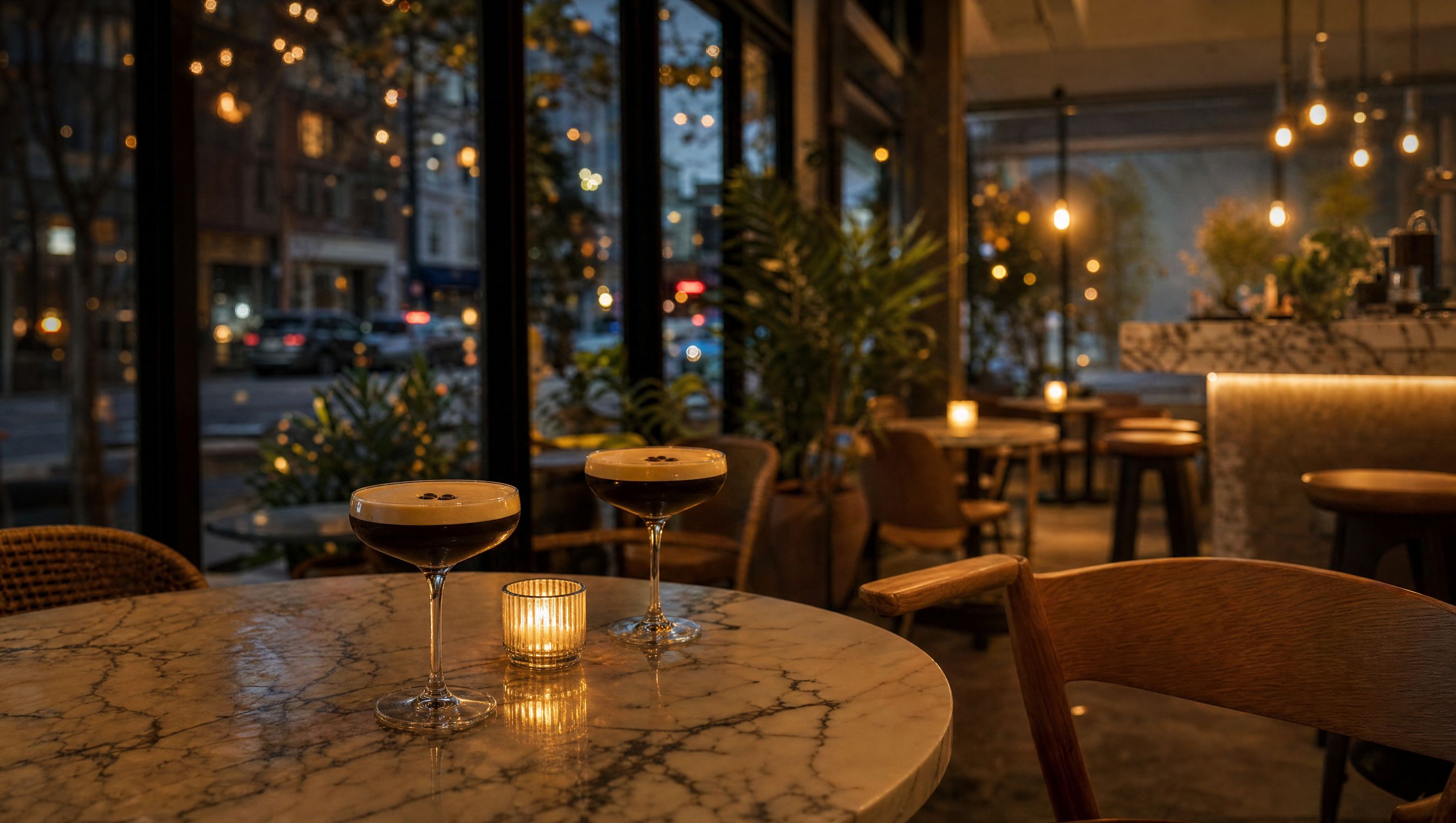 Neighbourhood cafe glowing at dusk with drinks and a candle on a marble table