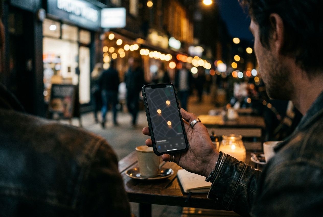 A man at a street-side café table at night, a maps application on his phone showing three lit pins nearby.