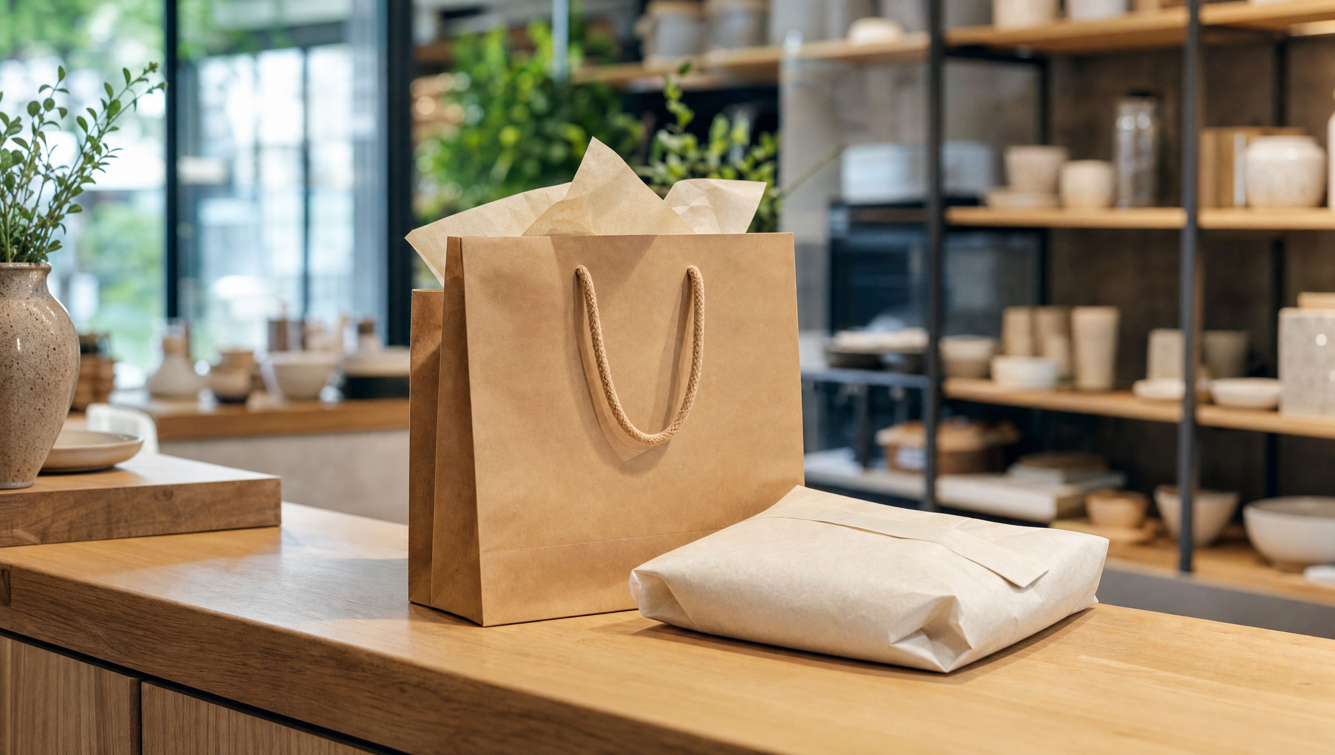 Click-and-collect order in a kraft gift bag waiting on a modern shop counter