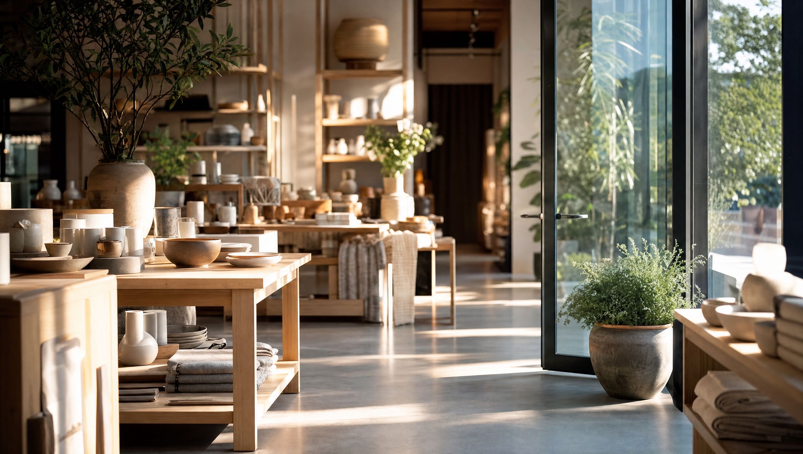 Morning sun across display tables in a modern homeware store