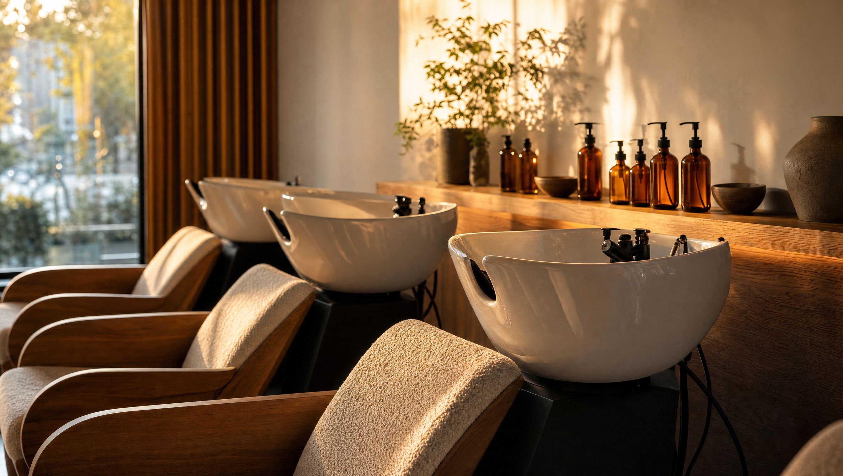 Modern salon backwash area in golden-hour light