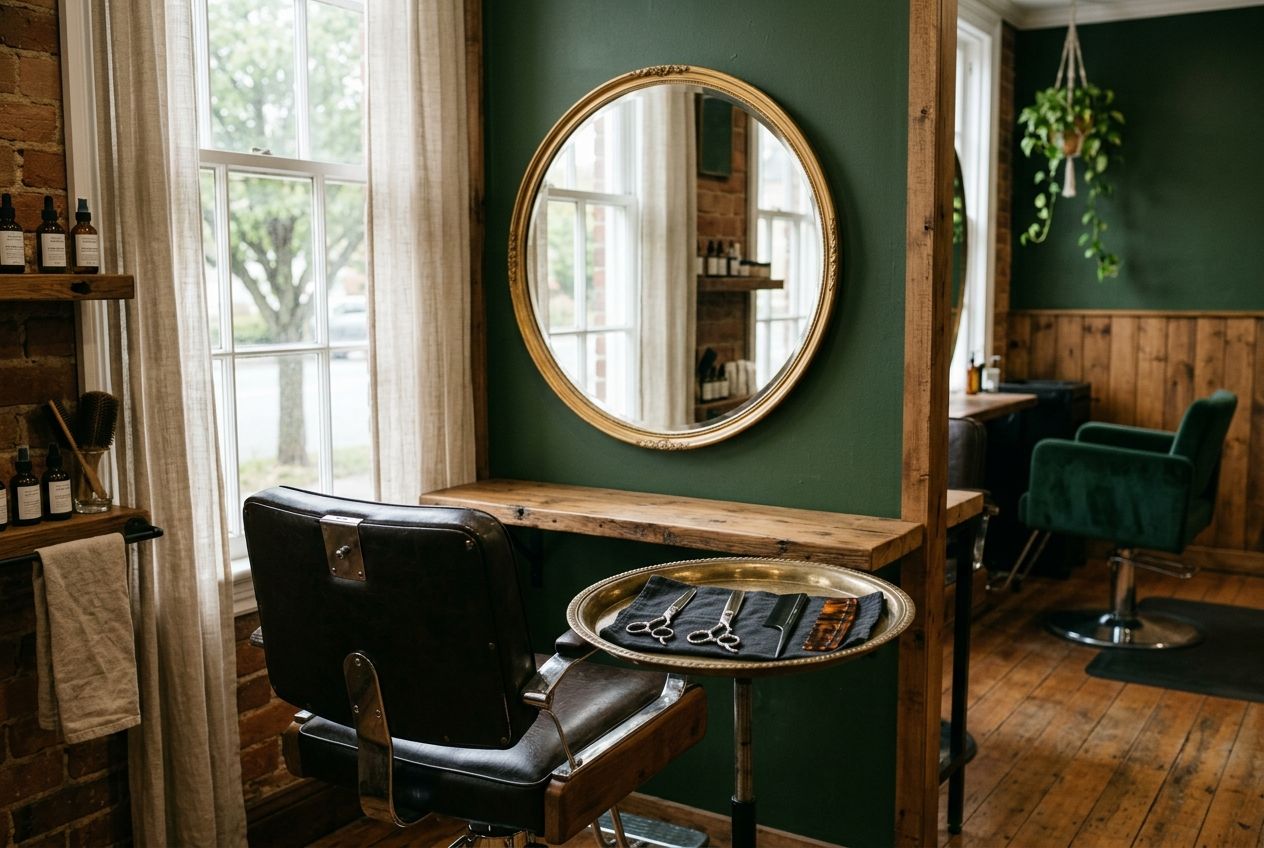Empty salon chair and mirror between clients