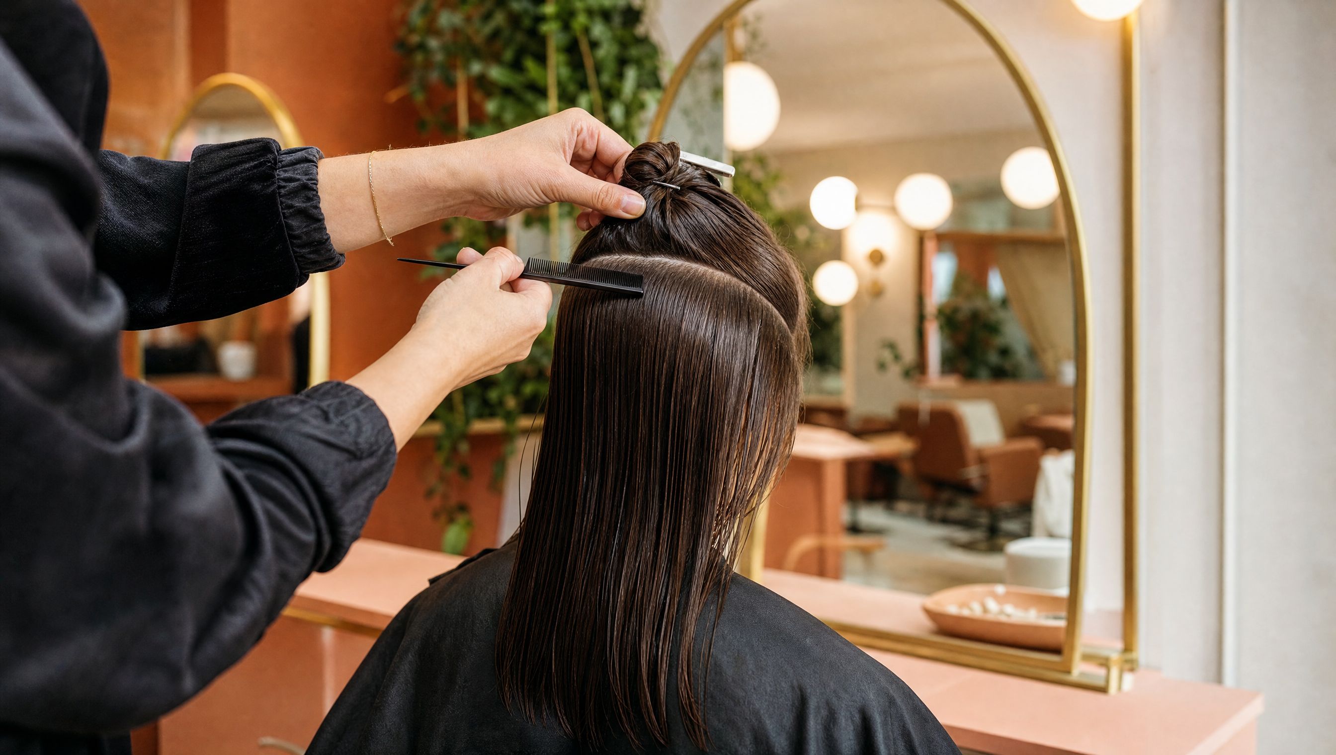 Stylist sectioning glossy hair in front of an arched brass mirror
