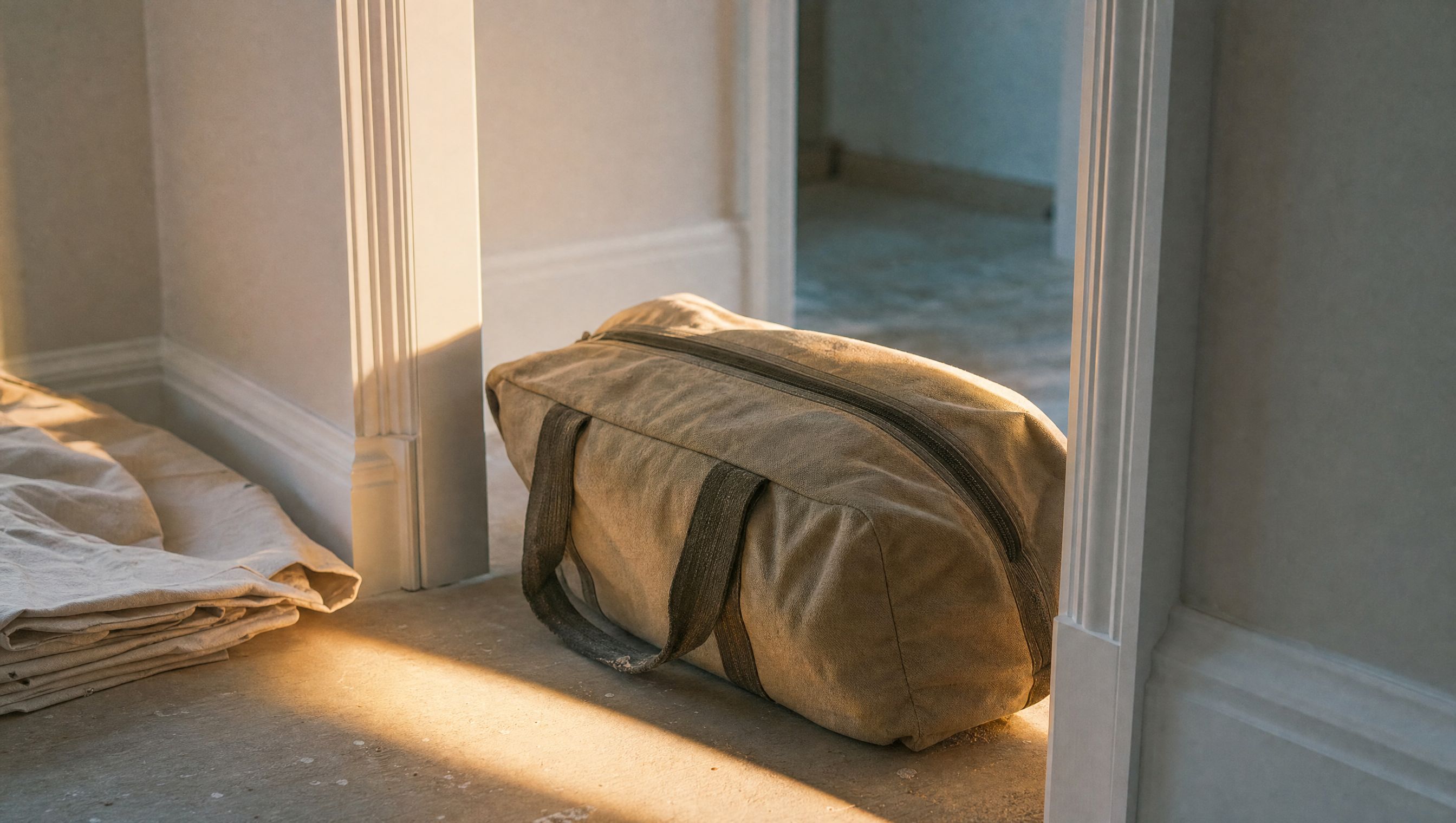 Tool bag packed down in a freshly finished doorway at golden hour
