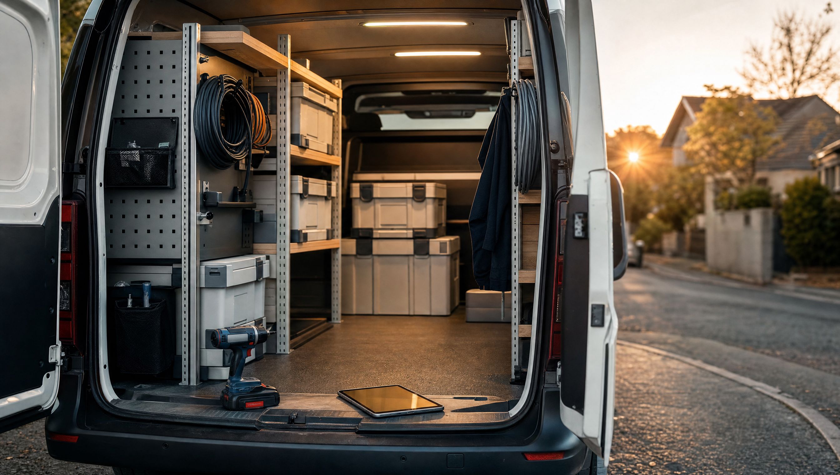 Neatly racked van interior seen through open rear doors at golden hour